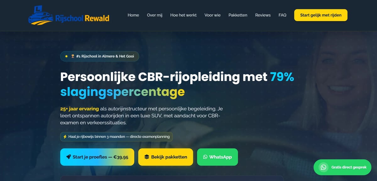 Website-header van het CBR-trainingprogramma met slagingspercentage en inschrijf-CTA