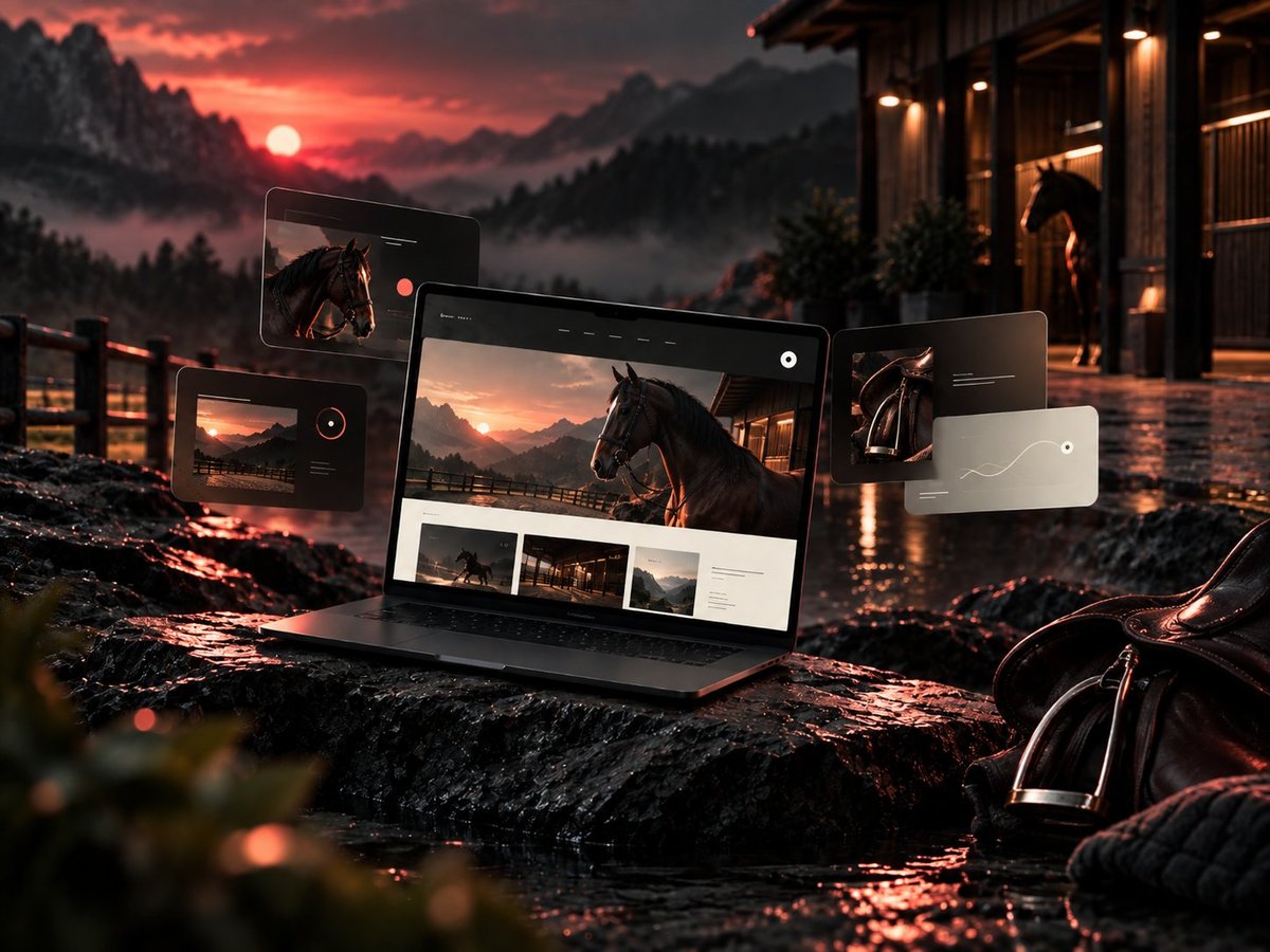 Website-mockup op laptop met paardrij-sfeerbeeld tegen zonsondergang en berglandschap