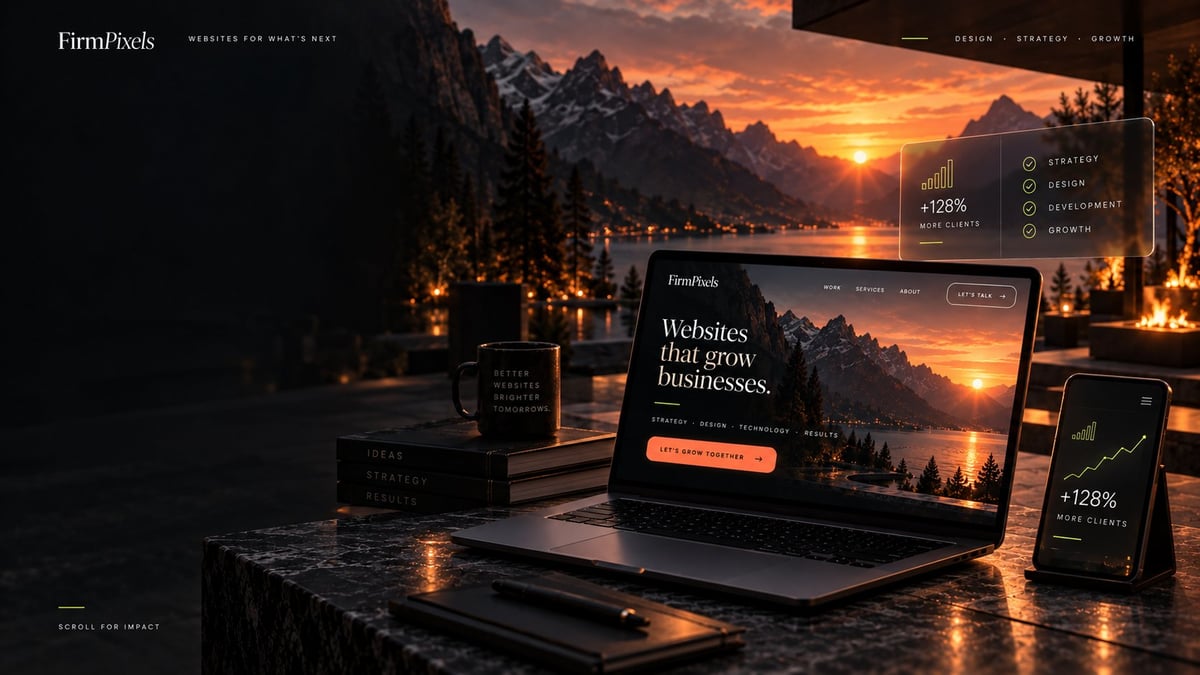 Website-mockup op meerdere digitale apparaten tegen een berglandschap bij zonsondergang